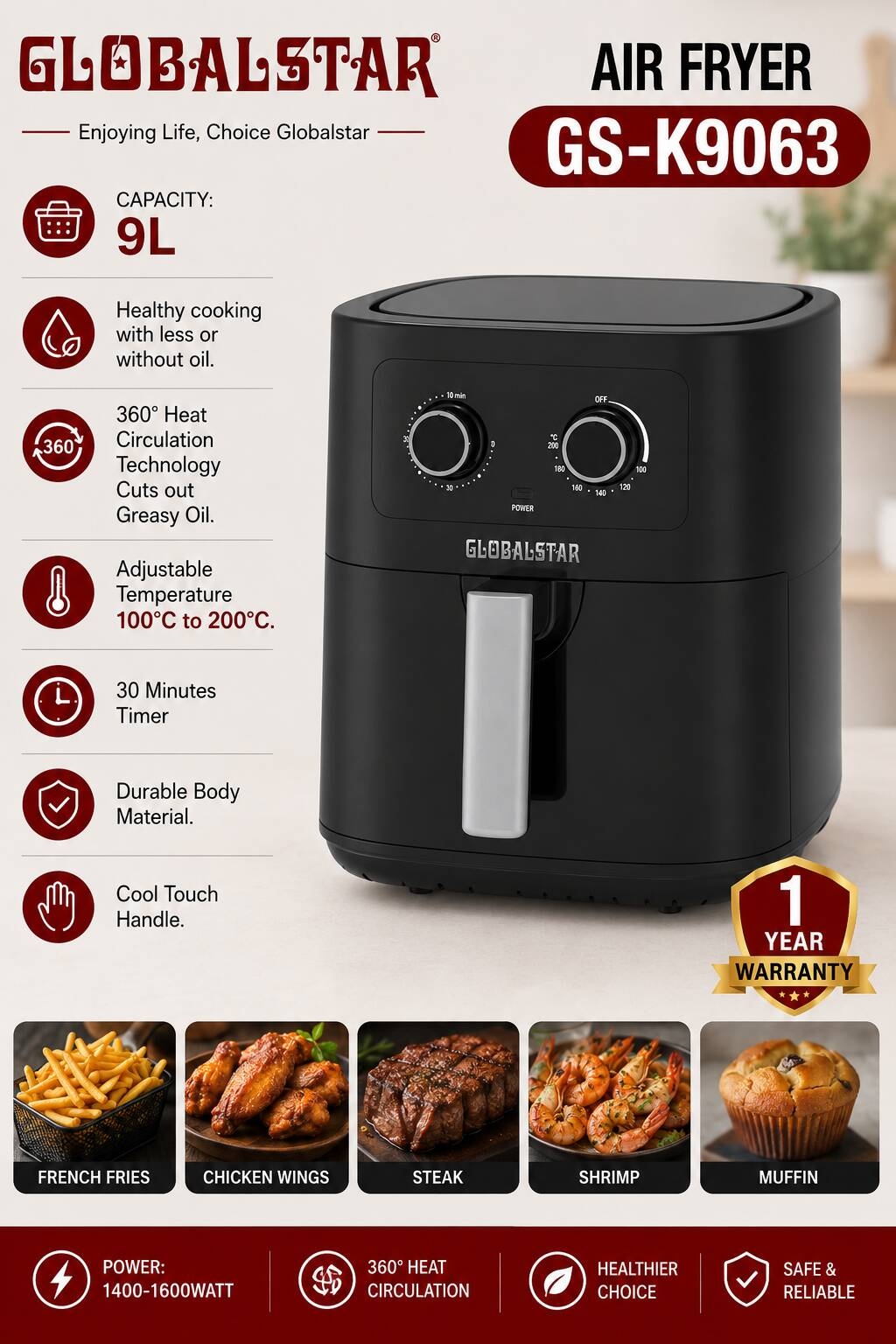 Globalstar 9L 1400-1600W Air Fryer GS-K9063