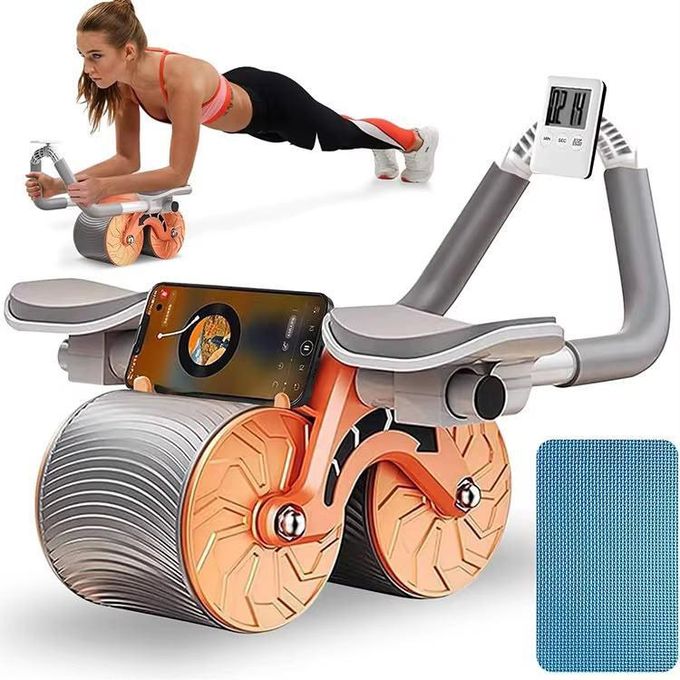 Automatic Rebound Abdominal Wheel with Elbow Support featuring a built-in digital timer display and dual-wheel design- intelligent belly wheel